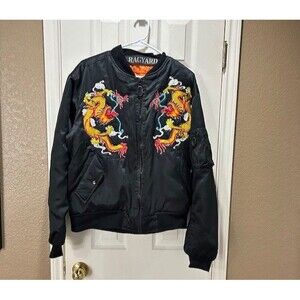 RAGYARD Bomber Jacket Black Satin Dragon Pockets Gothic Asian Orange Inside Lg?